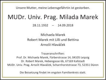 Traueranzeige von MUDr. Univ. Prag. Milada Marek von Super Sonntag / Super Mittwoch