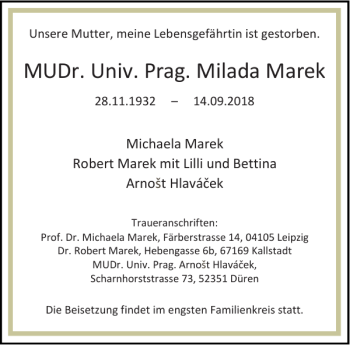 Traueranzeige von MUDr. Univ. Prag. Milada Marek von Aachener Zeitung / Aachener Nachrichten