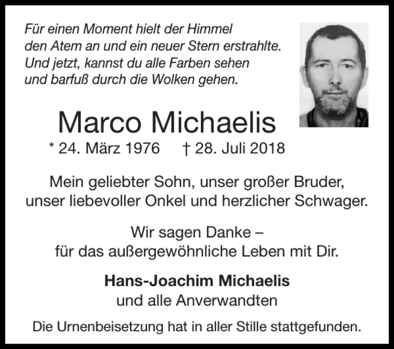 Traueranzeige für Marco Michaelis vom 09.09.2018 aus Super Sonntag / Super Mittwoch
