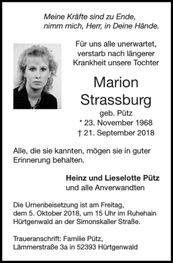 Traueranzeige von Marion Strassburg von Super Sonntag / Super Mittwoch