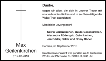 Traueranzeige von Max Geilenkirchen von Aachener Zeitung / Aachener Nachrichten