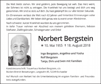 Traueranzeige von Norbert Bergstein von Super Sonntag / Super Mittwoch