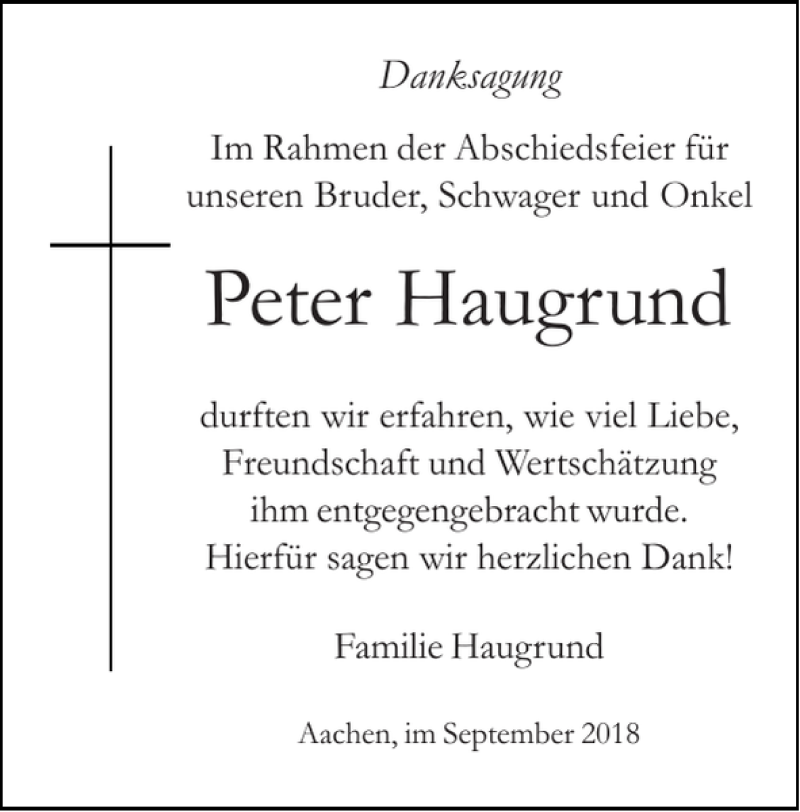  Traueranzeige für Peter Haugrund vom 16.09.2018 aus Super Sonntag / Super Mittwoch