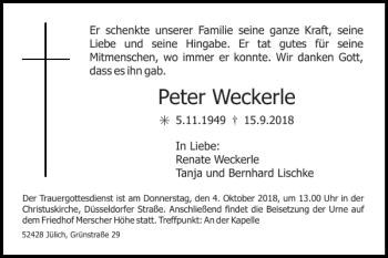 Traueranzeige von Peter Weckerle von Super Sonntag / Super Mittwoch