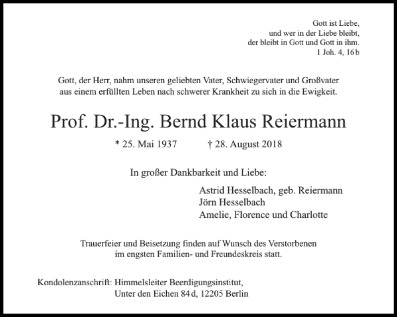  Traueranzeige für Prof. Dr.-Ing. Bernd Klaus Reiermann vom 08.09.2018 aus Aachener Zeitung / Aachener Nachrichten