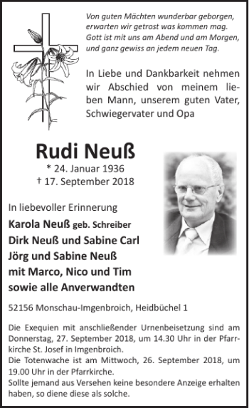 Traueranzeige von Rudi Neuß von Super Sonntag / Super Mittwoch
