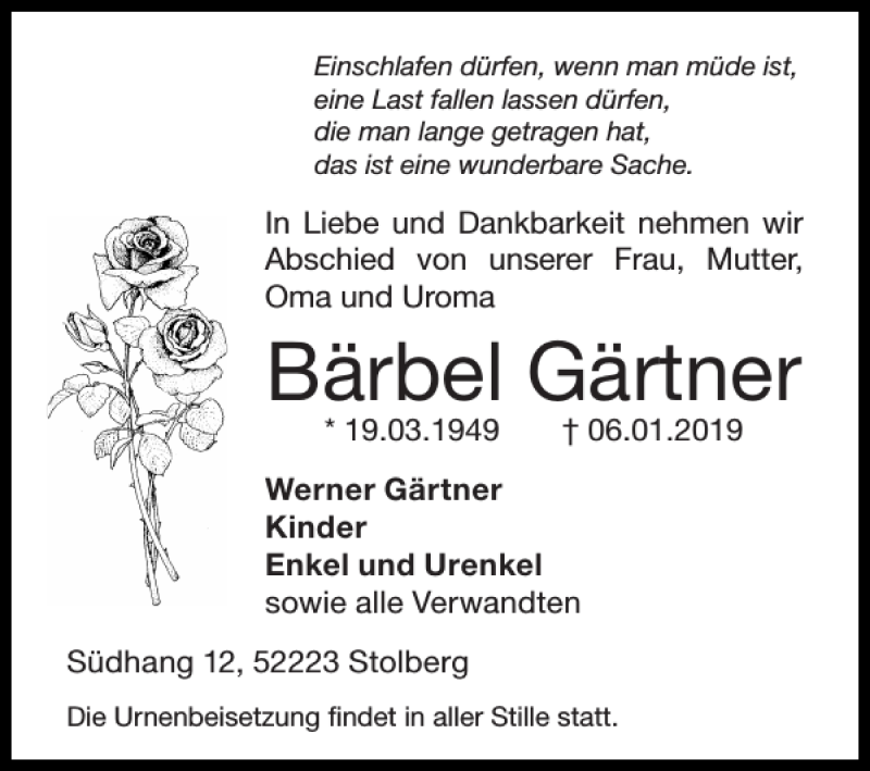 Traueranzeigen von Bärbel Gärtner Aachen gedenkt