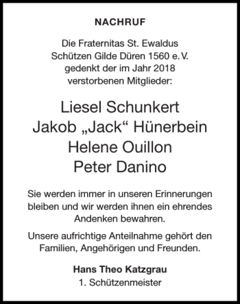Traueranzeige von Die Fraternitas St. Ewaldus Schützen Gilde Düren 1560 e.V. gedenkt  von Super Sonntag / Super Mittwoch