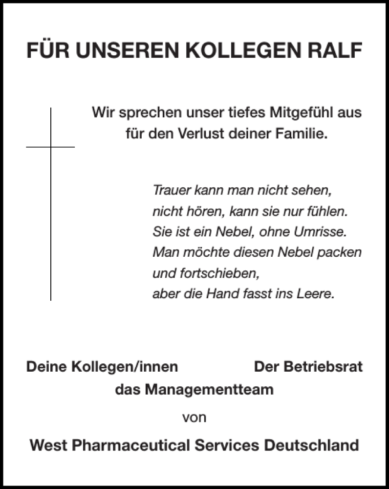  Traueranzeige für FÜR UNSEREN RALF vom 09.01.2019 aus Super Sonntag / Super Mittwoch