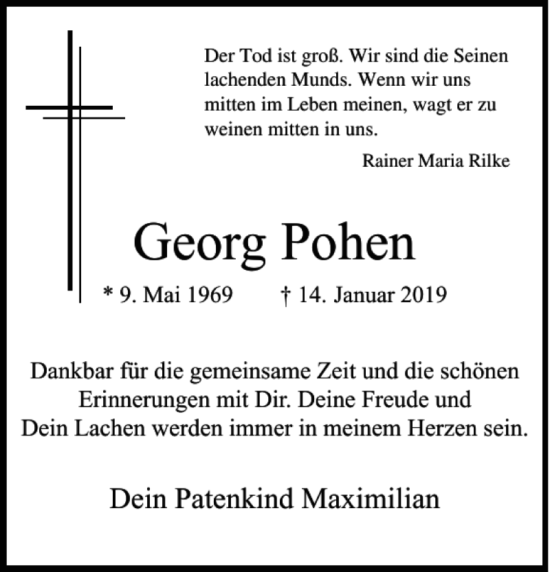  Traueranzeige für Georg Pohen vom 19.01.2019 aus Aachener Zeitung / Aachener Nachrichten