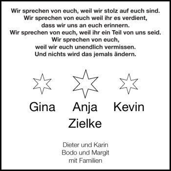 Traueranzeige von Gina Anja Kevin Zielke von Super Sonntag / Super Mittwoch