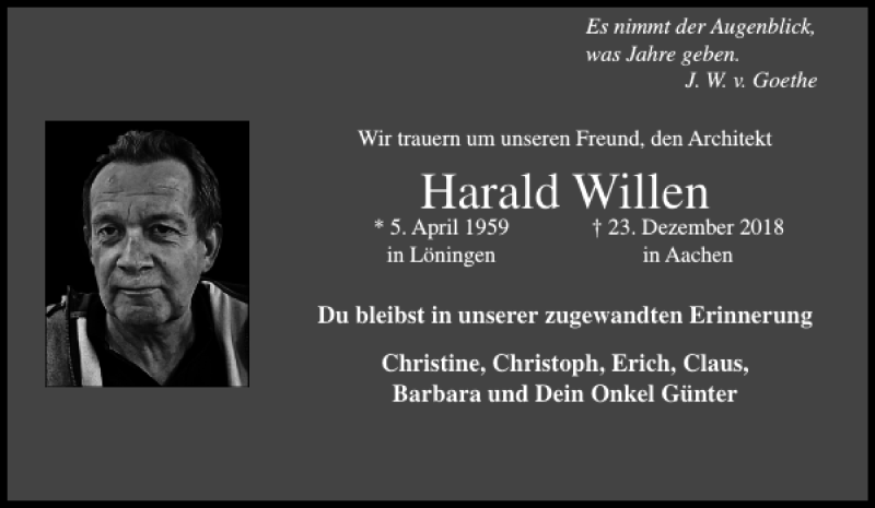  Traueranzeige für Harald Willen vom 26.01.2019 aus Aachener Zeitung / Aachener Nachrichten