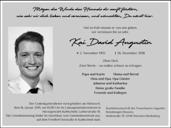 Traueranzeige von KKaaii David Augustin David Augustin von Super Sonntag / Super Mittwoch