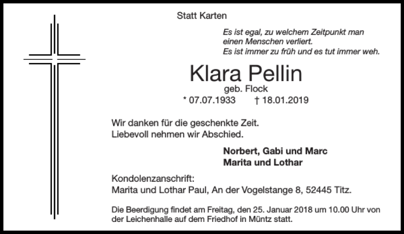  Traueranzeige für Klara Pellin vom 24.01.2019 aus Aachener Zeitung / Aachener Nachrichten