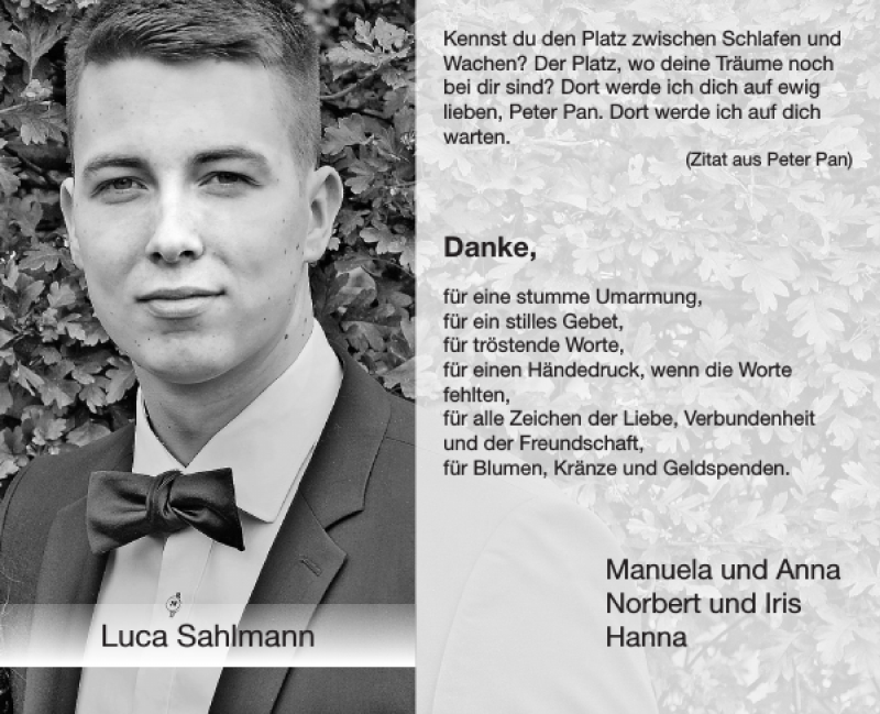  Traueranzeige für Luca Sahlmann vom 27.01.2019 aus Super Sonntag / Super Mittwoch