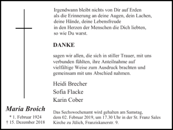 Traueranzeige von Maria Broich von Super Sonntag / Super Mittwoch