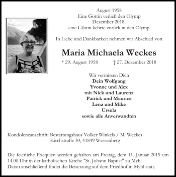 Traueranzeige von Maria Michaela Weckes von Super Sonntag / Super Mittwoch