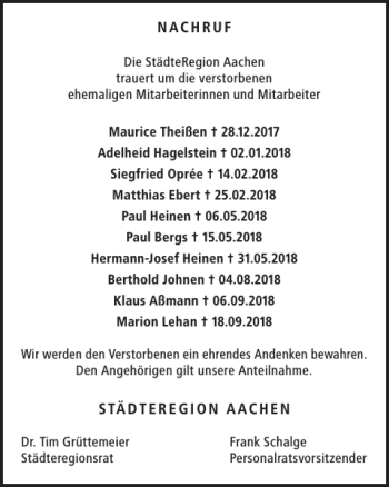 Traueranzeige von NACHRUF STÄDTEREGION AACHEN von Super Sonntag / Super Mittwoch