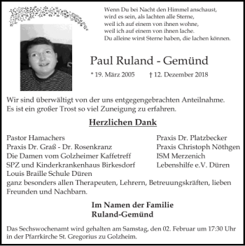 Traueranzeige von Paul Ruland-Gemünd von Super Sonntag / Super Mittwoch