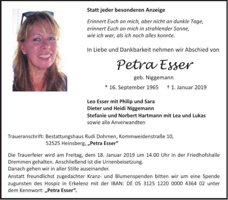  Traueranzeige für Petra Esser vom 13.01.2019 aus Super Sonntag / Super Mittwoch