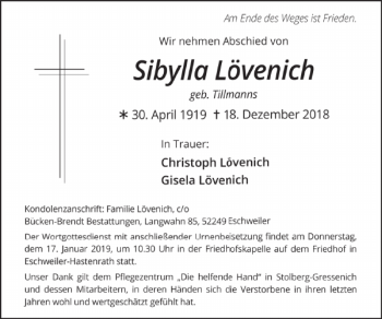 Traueranzeige von Sibylla Lövenich von Super Sonntag / Super Mittwoch