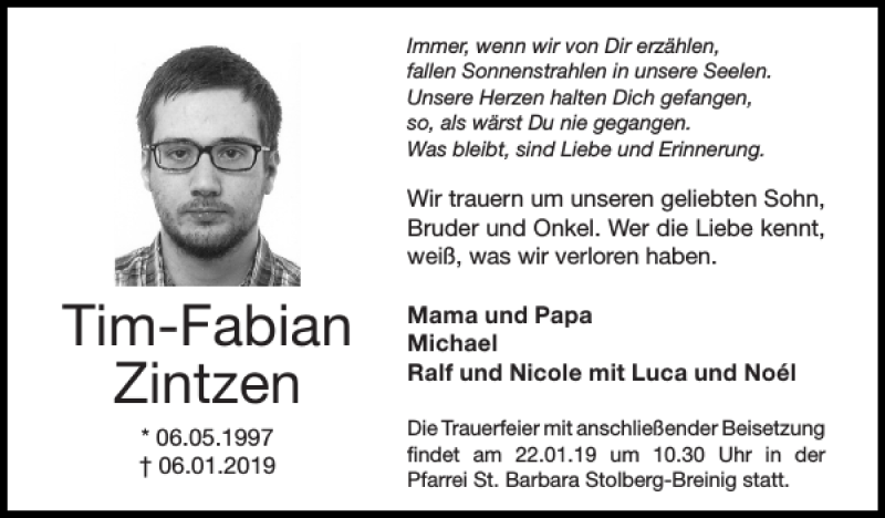  Traueranzeige für Tim-Fabian Zintzen vom 13.01.2019 aus Super Sonntag / Super Mittwoch