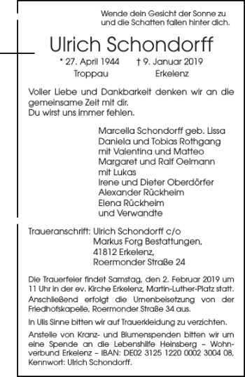 Traueranzeige von Ulrich Schondorff von Aachener Zeitung / Aachener Nachrichten