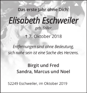 Traueranzeige von Elisabeth Eschweiler von Super Sonntag / Super Mittwoch