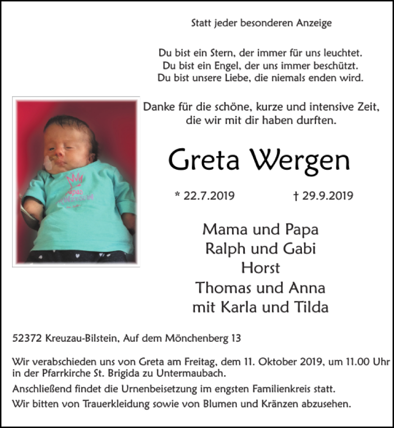  Traueranzeige für Greta Wergen vom 06.10.2019 aus Super Sonntag / Super Mittwoch
