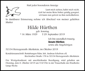 Traueranzeige von Hilde Hürthen von Super Sonntag / Super Mittwoch