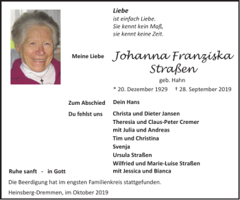 Traueranzeige von Johanna Franziska Straßen von Super Sonntag / Super Mittwoch