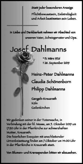 Traueranzeige von Josef Josef D Dahlm ahlmanns anns  von Aachener Zeitung / Aachener Nachrichten