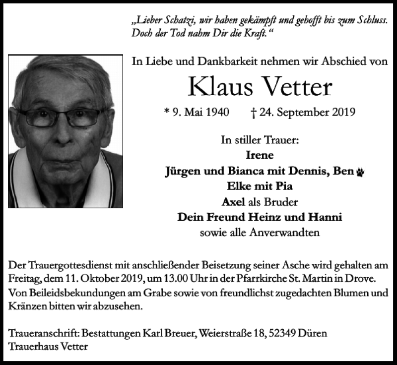  Traueranzeige für Klaus Vetter vom 06.10.2019 aus Super Sonntag / Super Mittwoch