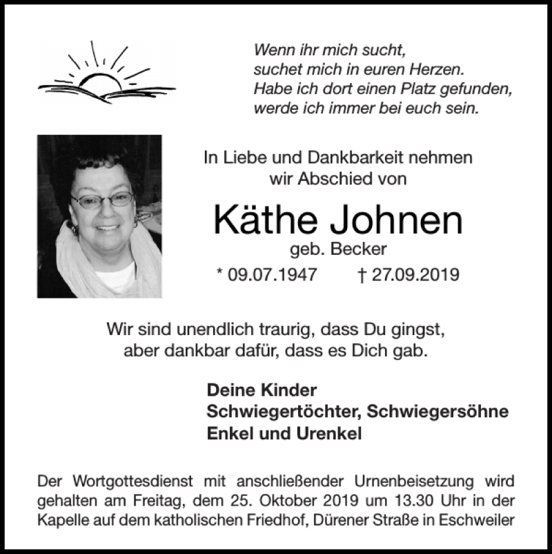  Traueranzeige für Käthe Johnen vom 20.10.2019 aus Super Sonntag / Super Mittwoch