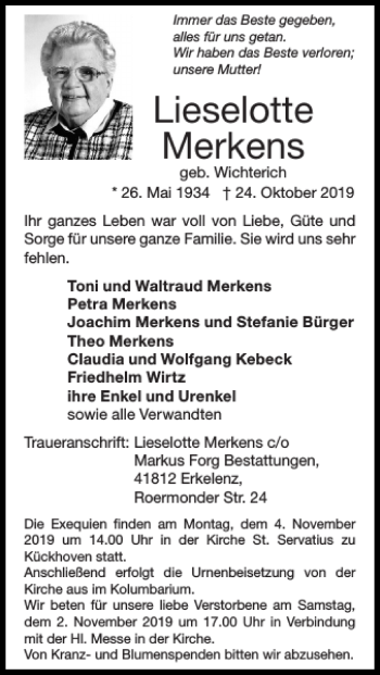 Traueranzeige von Lieselotte Merkens von Super Sonntag / Super Mittwoch