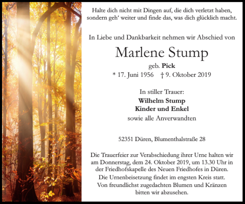  Traueranzeige für Marlene Stump vom 20.10.2019 aus Super Sonntag / Super Mittwoch