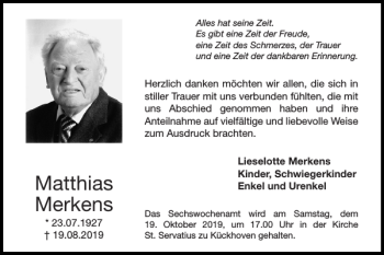 Traueranzeige von Matthias Merkens von Super Sonntag / Super Mittwoch