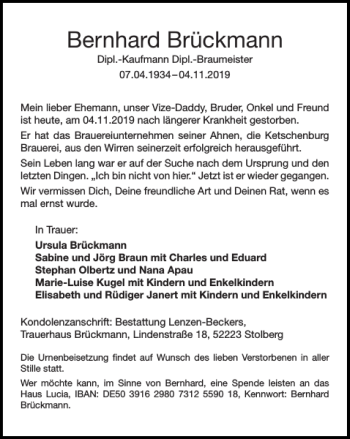 Traueranzeige von Bernhard Brückmann von Super Sonntag / Super Mittwoch