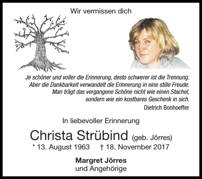  Traueranzeige für Christa Strübind vom 17.11.2019 aus Super Sonntag / Super Mittwoch