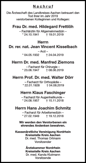 Traueranzeige von Die Ärzteschaft des Landkreises Aachen betrauert den Tod ihrer im Jahr 2019 verstorbenen  von Aachener Zeitung / Aachener Nachrichten