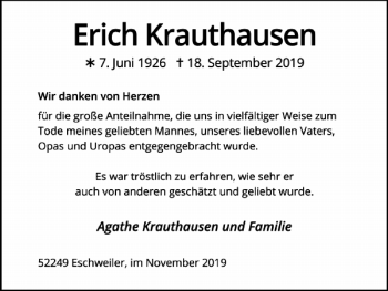 Traueranzeige von Erich Krauthausen von Super Sonntag / Super Mittwoch