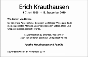 Traueranzeige von Erich Krauthausen von Aachener Zeitung / Aachener Nachrichten