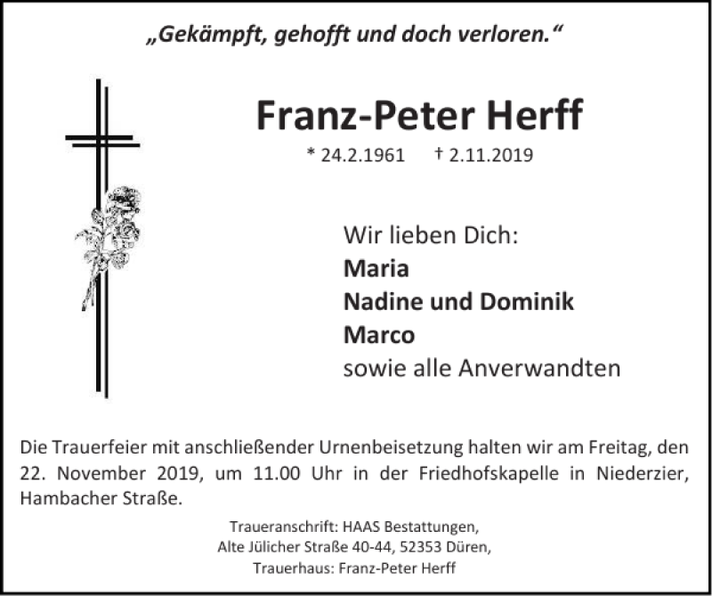  Traueranzeige für Franz-Peter Herff vom 17.11.2019 aus Super Sonntag / Super Mittwoch