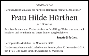 Traueranzeige von Frau Hilde Hürthen von Super Sonntag / Super Mittwoch