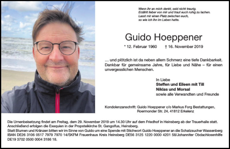  Traueranzeige für Guido Hoeppener vom 23.11.2019 aus Aachener Zeitung / Aachener Nachrichten