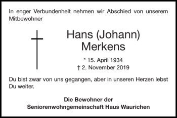 Traueranzeige von Hans Johann Merkens von Super Sonntag / Super Mittwoch