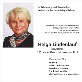 Traueranzeige von Helga Lindenlauf von Super Sonntag / Super Mittwoch