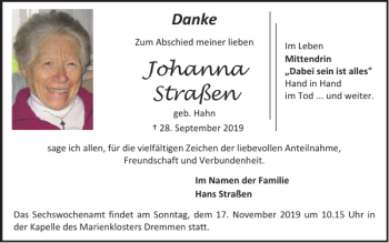 Traueranzeige von Johanna Straßen von Super Sonntag / Super Mittwoch