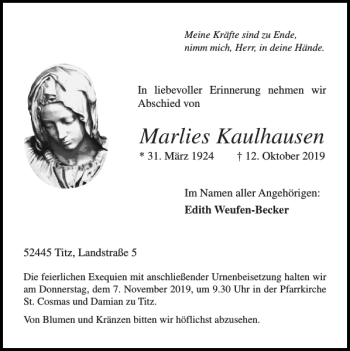 Traueranzeige von Marlies Kaulhausen von Super Sonntag / Super Mittwoch