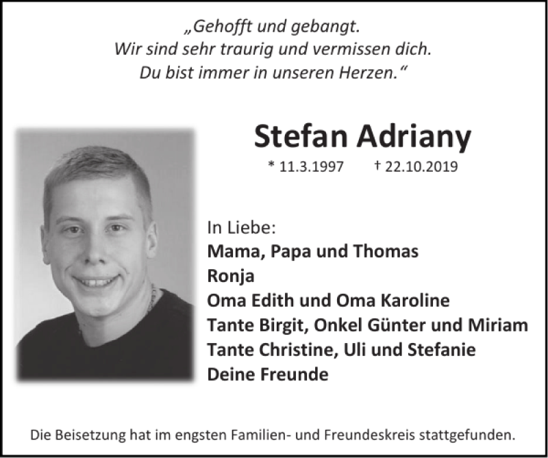  Traueranzeige für Stefan Adriany vom 17.11.2019 aus Super Sonntag / Super Mittwoch